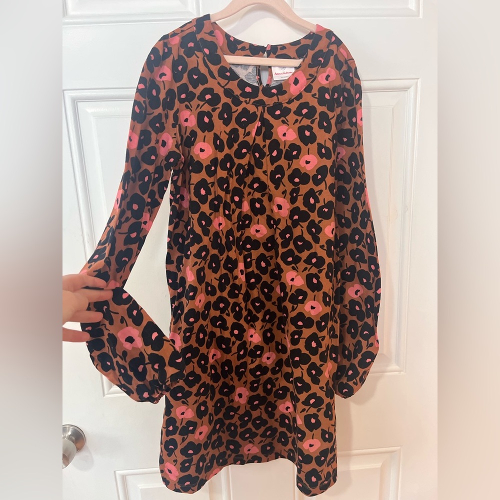 Hanna Andersson 160 pink brown floral long sleeve dress keyhole back sz4-16